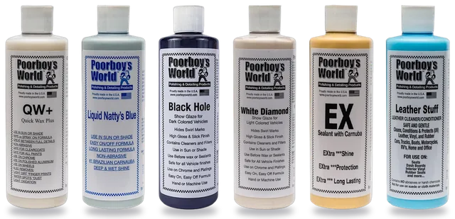 Автохимия Poorboy's World: быстрый воск QW+, Liquid Natty's Blue, глейзы Black Hole и White Diamond, силант EX, Leather Stuff